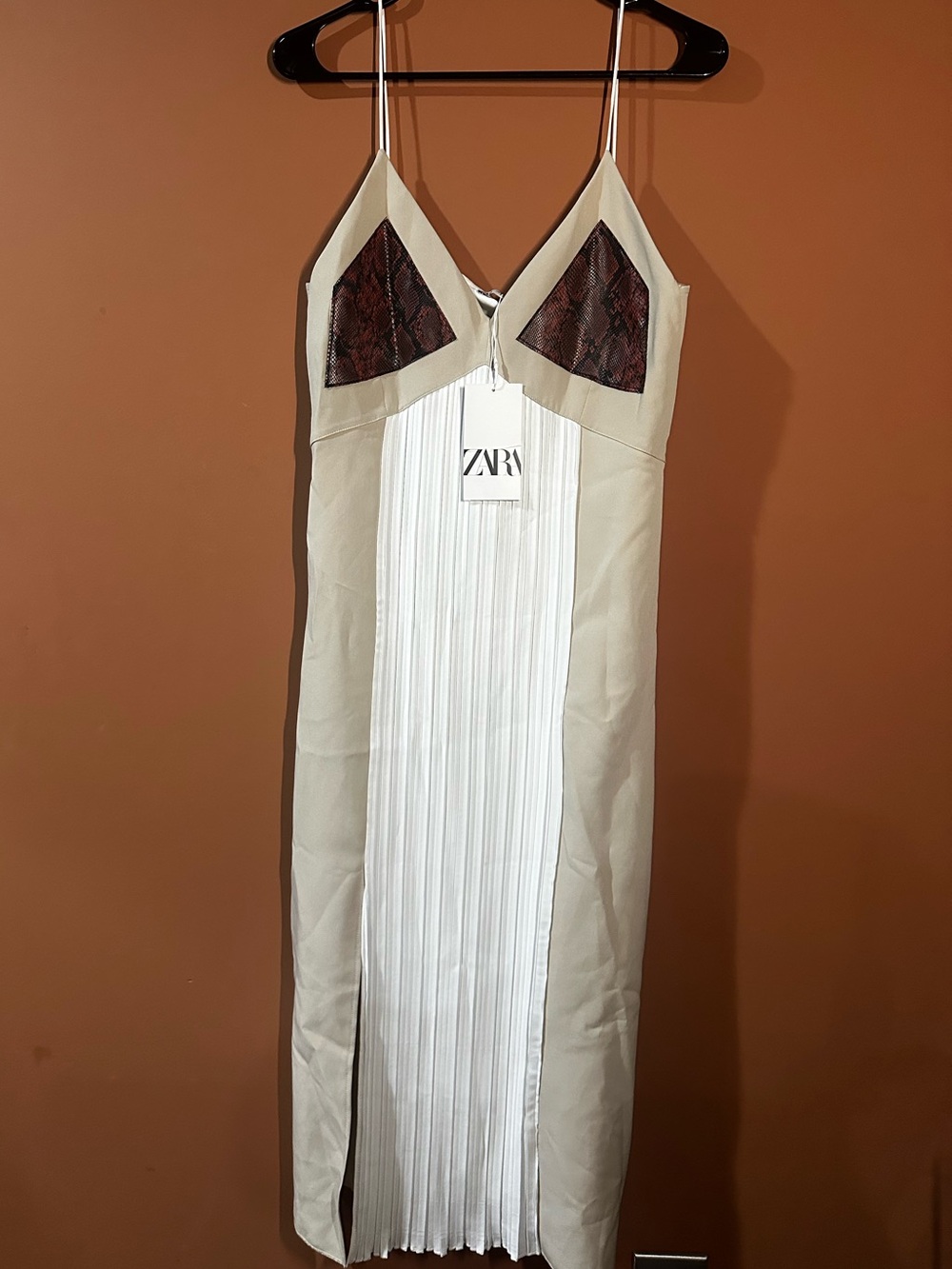 ZARA Cream Slip Dress with Brown Snake-Print Cups and White Pleated Front